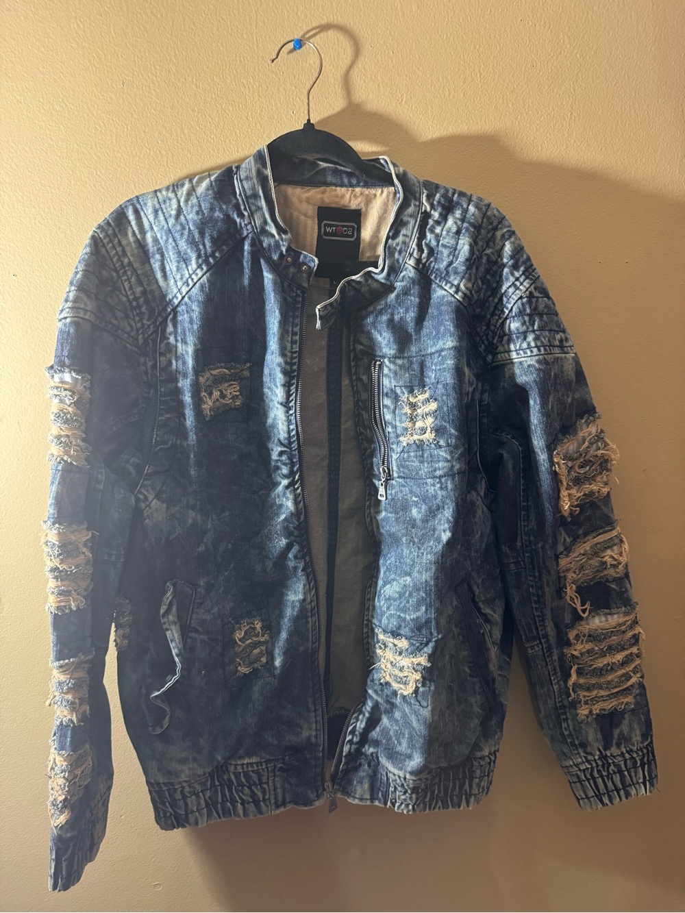 Men’s Distressed blue denim zip-up jacket - ripped details